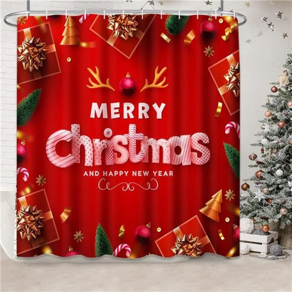 4 Pcs Merry Christmas Bathroom Sets with Shower Curtain and Rugs and Accessories